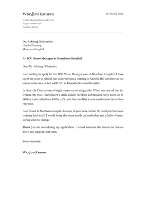 Sample cover letter for an ICU nurse manager role